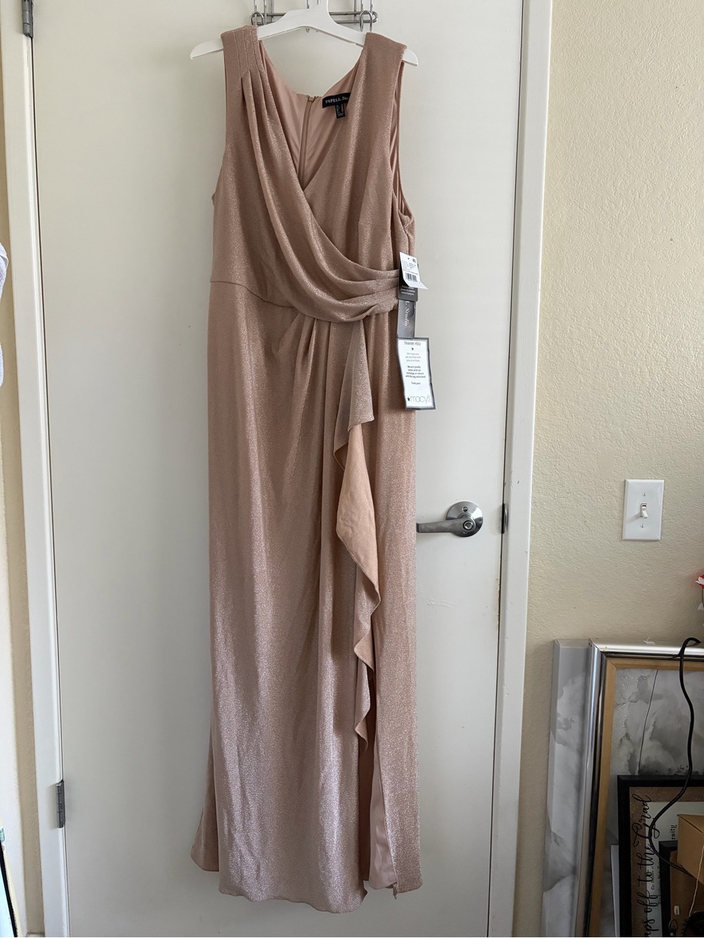 Adrianna Papell Shimmery Blush Pink Draped Maxi Gown